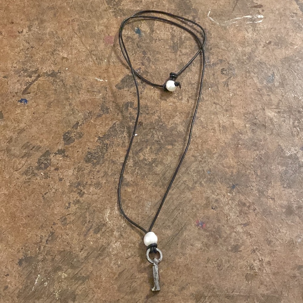 Tiny skeleton key and pearl necklace